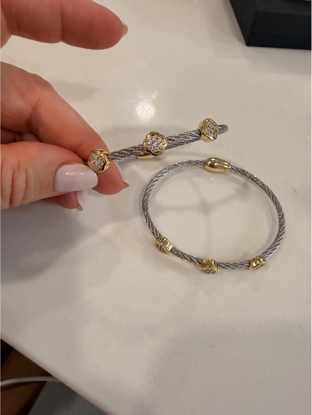 Set of Two Silver and Gold Tone Bracelets with Crystal Accents